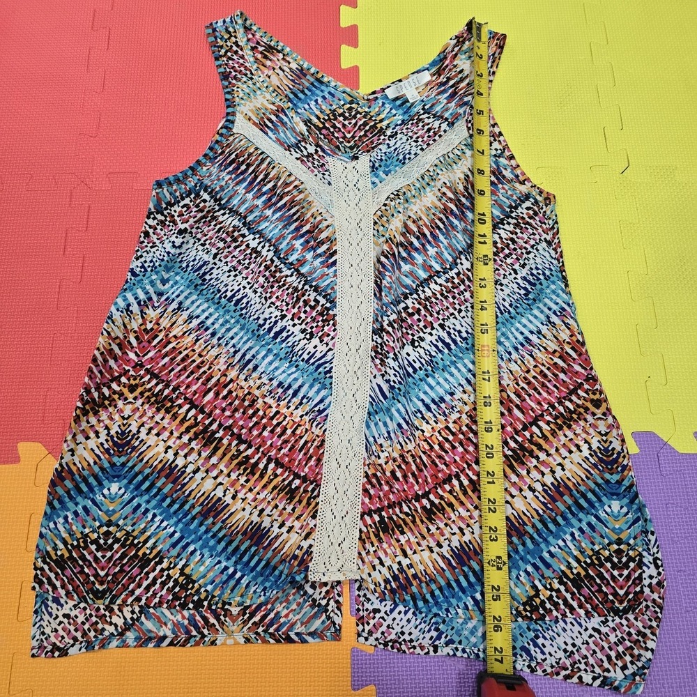 Spense Women's Medium Tank Top Multicolor Geometric Print Lace Trim‎ Boho Blouse
